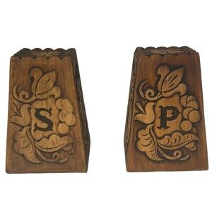 Treasure Craft Salt & Pepper Cruet Set Vintage 1958 Ceramic Faux Wood Fruit Ivy